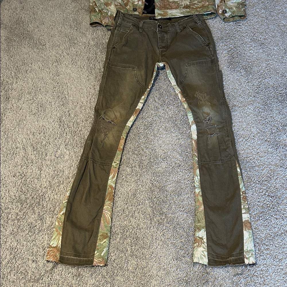 Camouflage Flare Stacked Trim Olive Green Pants